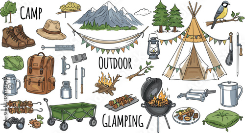 Camping And Glamping Outdoor Vector Illustration Set With Tent Grill Backpack Lantern Cooking Gear And Nature Elements