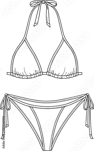 Technical fashion flat sketch of a women string bikini set featuring a triangle halter top and tie side bottoms for apparel swimwear design template