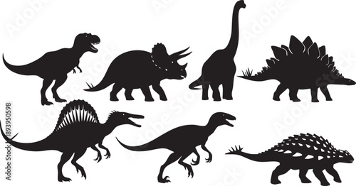 Black silhouettes of various dinosaurs on white background prehistoric creatures 4