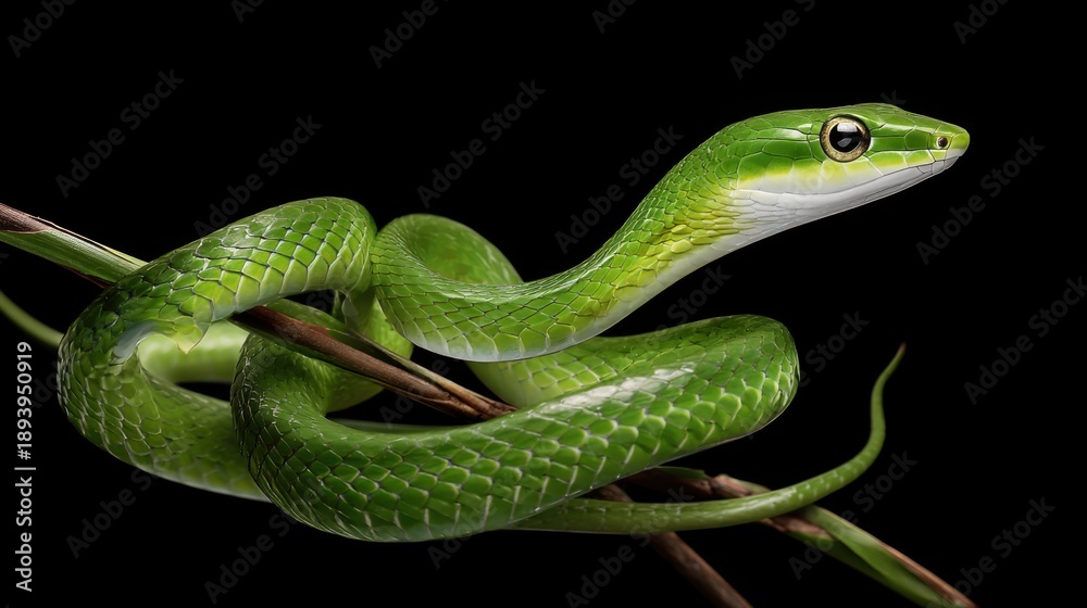 Fototapeta premium Green Snake Coiled on Branch Against Black Background in Close-Up