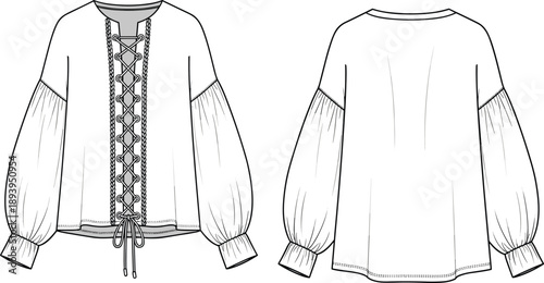 Technical fashion flat sketch of a women blouse featuring a lace up front detail with grommets and oversized lantern sleeves for apparel design template