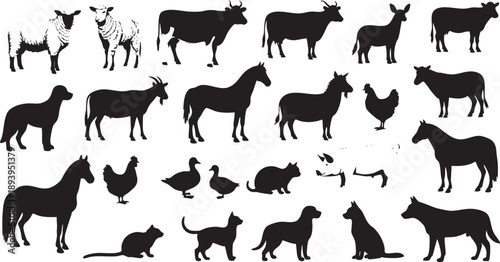 Black silhouettes of various farm and domestic animals on white background animal silhouettes 2