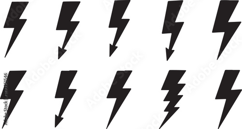 Black lightning bolts on white background graphic design elements