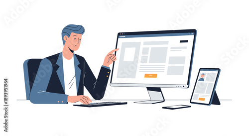 Man working on computer with website design on screen and mobile device nearby in office setting with simple background