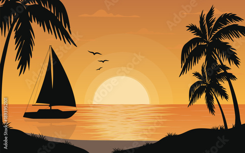 Beautiful beach sunset with palm trees and shore. Sailing yacht floating on calm sea in warm orange tones. Tropical evening vector illustration perfect for travel, vacation, and relaxation themes