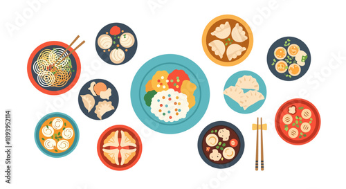 Asian Dim Sum and Chinese Food Vector Illustration - Top View Flat Design Table Scene