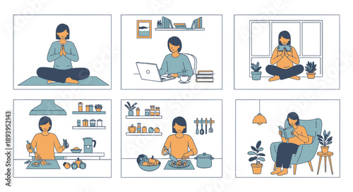 Woman practicing mindfulness in various home settings with modern decor and digital devices