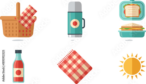 Flat design icons for a picnic day with basket, thermos, sandwich, drink, blanket, and sun