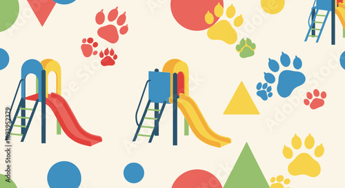 Playful whimsical pattern with colorful slides geometric shapes and paw prints for children