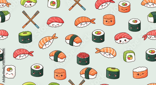 Playful sushi pattern with kawaii-style faces offers a delightful culinary cartoon theme and appeal
