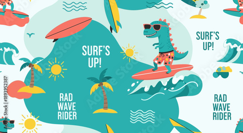 Playful Summer Vacation Seamless Pattern Featuring Surfing Dinosaurs and Tropical Elements