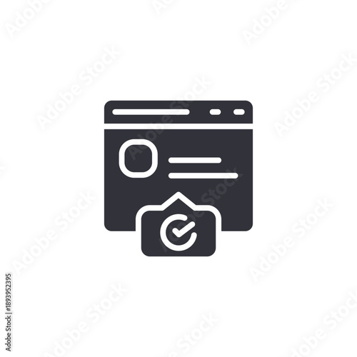 Browser window with checkmark icon representing online approval, digital workflow management, and task completion confirmation.