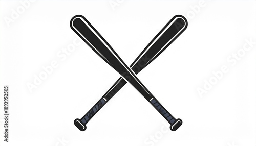 Two black baseball bats crossed in X shape against white background, symmetrical and stylized with grip tape details, emphasizing sports symbolism, minimal design, and bold graphic contrast.