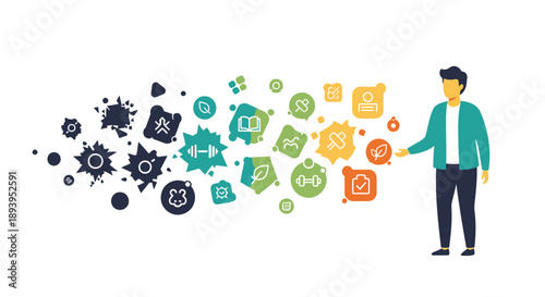 Man presenting colorful business icons and symbols in a creative concept