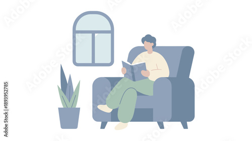 Reading Man Relaxing at Home, Cozy Living Room, Digital Illustration, Modern Environment, Indoor Scene