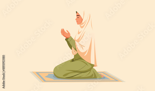 Flat Minimalist Illustration of Muslim Woman Kneeling on Prayer Mat for Religious Prayer