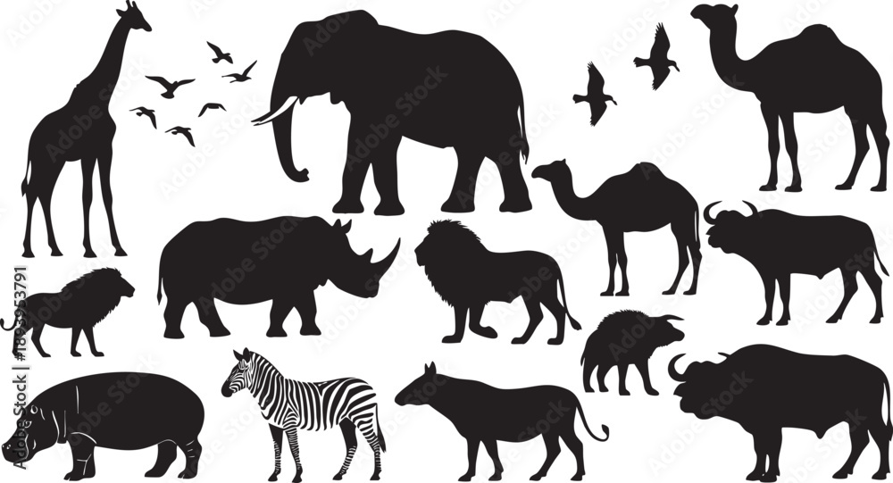 Fototapeta premium Black silhouettes of various wild animals on white background giraffe elephant