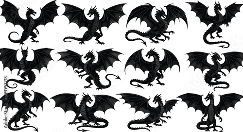 Set of black dragon silhouettes in various poses with wings spread cad drawing flat vector illustration for fantasy designs tattoos and logos