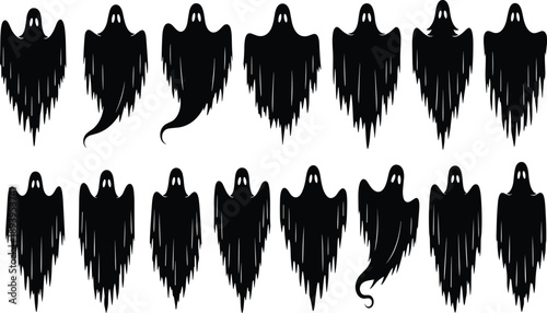 Set of black ghost silhouettes with ragged edges isolated on white background for spooky Halloween decorations, cad drawing flat vector illustration