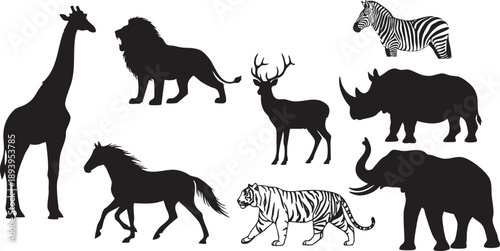 Black silhouettes of various wild animals on white background giraffe lion