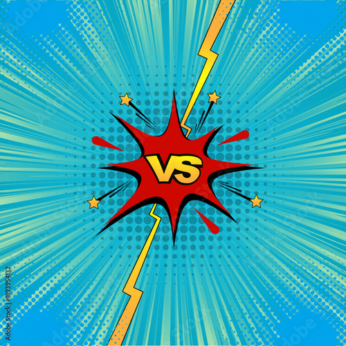 Comic style VS battle background with lightning bolt, pop art explosion and halftone pattern. Perfect for game screens, competition concepts, fights, and comparisons.