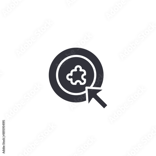 Search icon inside circular frame with cloud symbol representing web search engine and online data discovery.