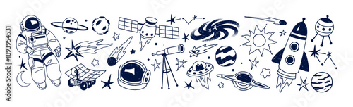 Outer space doodle set. Cosmos flight items: rockets, planets, spaceships, stars, satellites, comets, UFO and spacemen in spacesuit. Flat isolated outline hand drawn vector illustrations on white