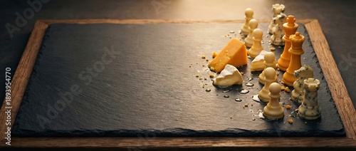 Obraz  z motywem Chess pieces and cheese arranged on slate board, strategic food pairing, gourmet appetizer concept, dark moody lighting, copy space for text