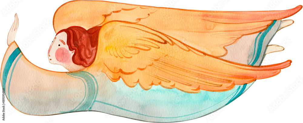 Fototapeta premium Watercolour angel flying a peaceful message, ethereal character on transparent background for Easter decoration and heavenly design