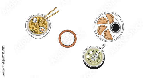 Japanese Food Illustration Set with Ramen, Gyoza Dumplings, Miso Soup, and Rice Bowl