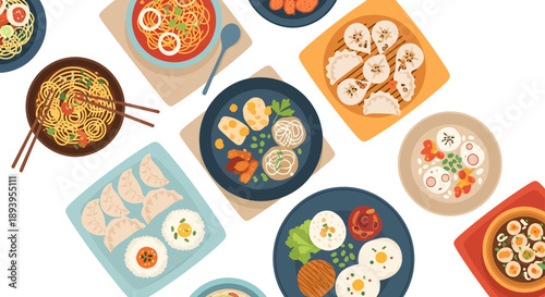 Top View Illustration of Various Asian Food Dishes, Dim Sum, Noodles, and Rice Bowls on White Background