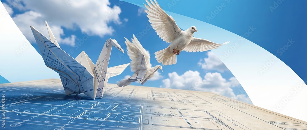 Naklejka premium Origami cranes and white doves flying over blueprints, symbolizing new beginnings, freedom, and architectural design concepts Hope and inspiration