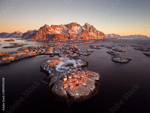 Aerial panorama of Henningsvær fishing village in winter, Norway