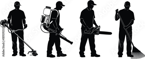 Black and white silhouettes of professional landscape maintenance workers set using a string trimmer leaf blower chainsaw and rake for garden and backyard care