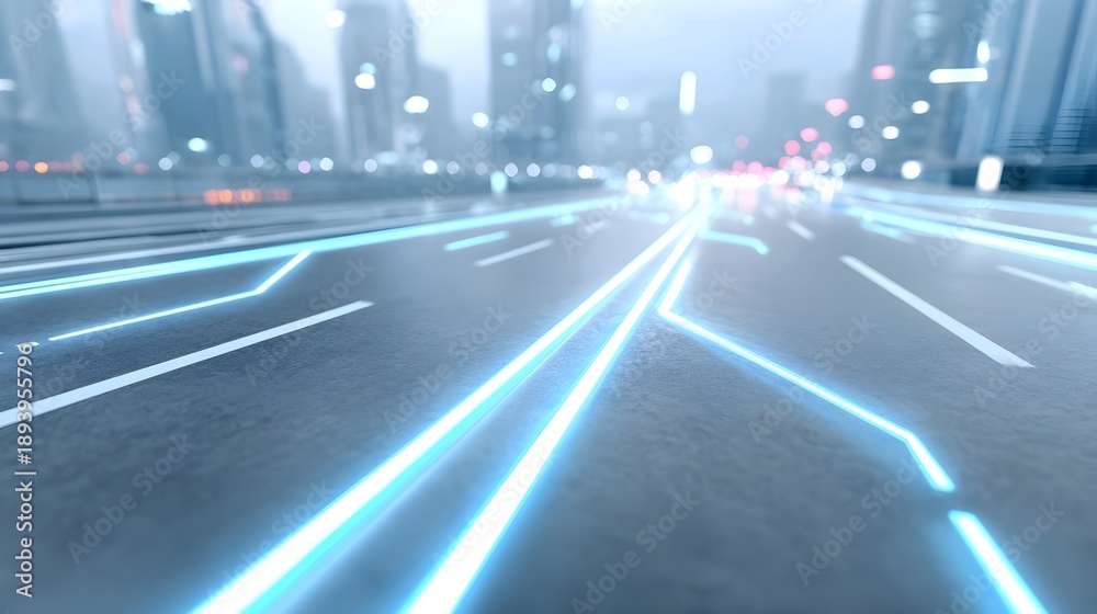 Fototapeta premium Abstract visualization of a futuristic urban highway with glowing blue digital pathways symbolizing smart city technology connectivity and forward movement