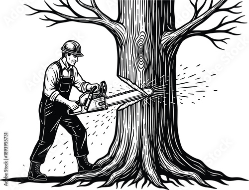 Black and white vector illustration of a professional lumberjack wearing a hard hat and overalls using a chainsaw to cut down a large tree