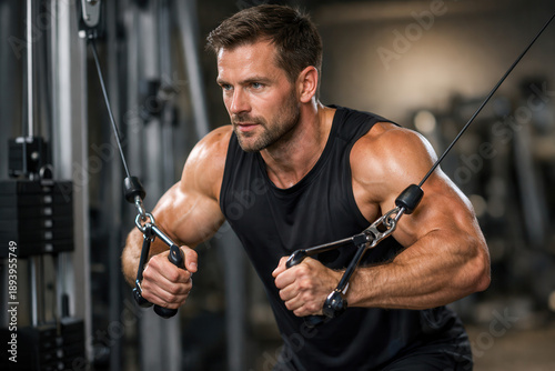 Fitness muscular man cable exercise gym workout strength training upper body focus with effort in gym