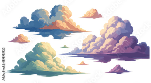 Whimsical set of colorful watercolor clouds in soft pastel hues on white background, perfect for digital designs, invitations, and creative visual elements.