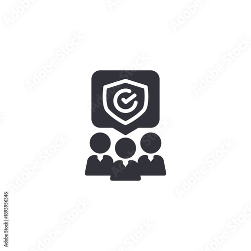 Team with shield and checkmark icon representing collective quality management, corporate compliance, and organizational standards.