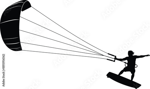 Black and white vector silhouette of a professional kitesurfer performing an aerial jump on a kiteboard for extreme water sports and summer adventure concepts