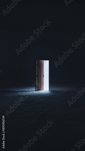 A brown wooden door slightly ajar with bright light emanating from the other side in darkness