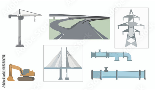 Infrastructure engineering hand drawn icon set with construction transport and industrial elements vector isolated on white