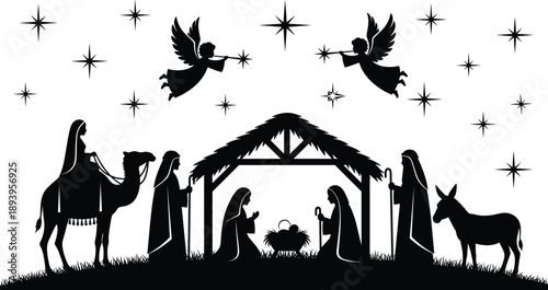 Nativity Scene Silhouette Featuring Virgin Mary Joseph Baby Jesus In Manger With Wise Men Angels Camel Donkey Under Starry Night,
