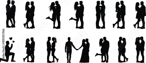 Romantic couple silhouettes set, lovers in embrace, marriage proposal scene, dating young people icons, valentines day cad drawing flat vector illustration