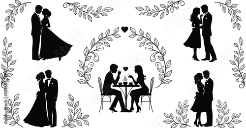 Romantic Wedding Silhouette Set Featuring Couples in Love with Floral Laurels for Marriage Invitations Valentine Date and Elegant Anniversary Celebration Design,