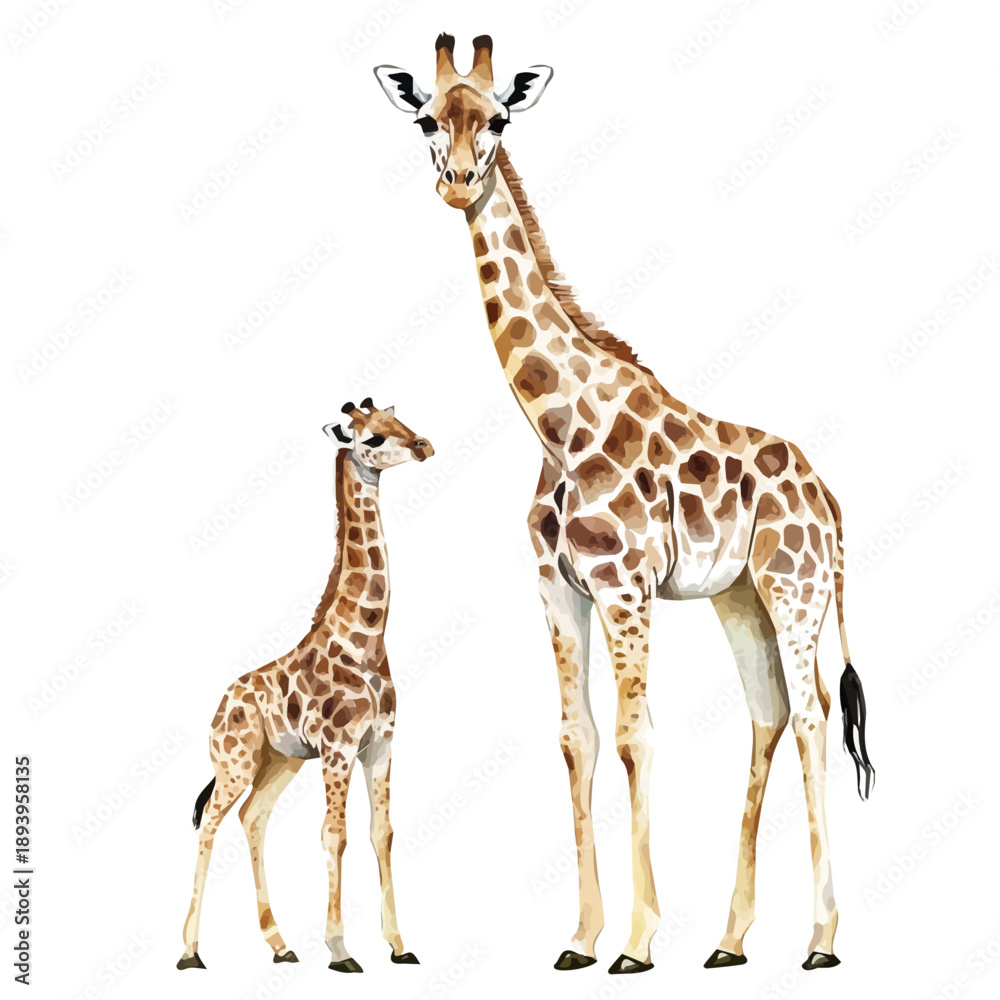 Fototapeta premium watercolor graphic of A Mother Giraffe With Her Kid, isolated on a white background.
