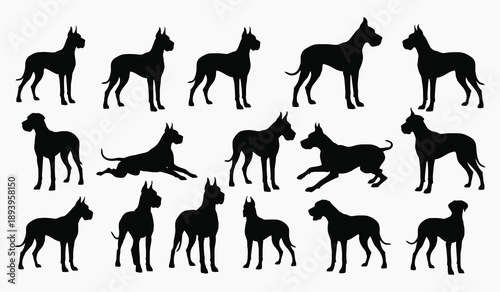 Collection of great dane silhouettes in various poses and perspectives