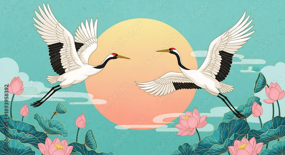 Fototapeta premium Cranes gracefully fly amid lotus blooms in gentle tones