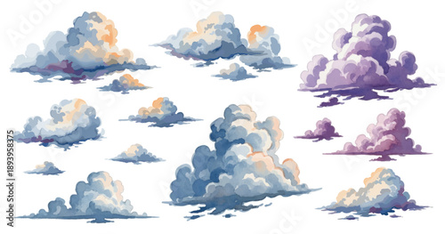 Set of watercolor clouds on a white background. Watercolor illustration. Clipart vector
