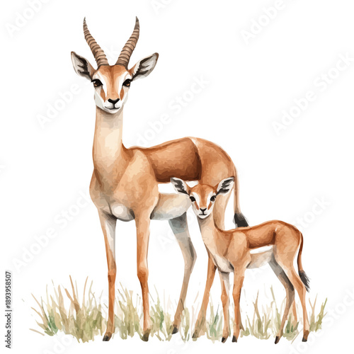 A Mother Gazelle With Her Kid, high quality watercolor illustration with transparent textures, isolated on a white background.